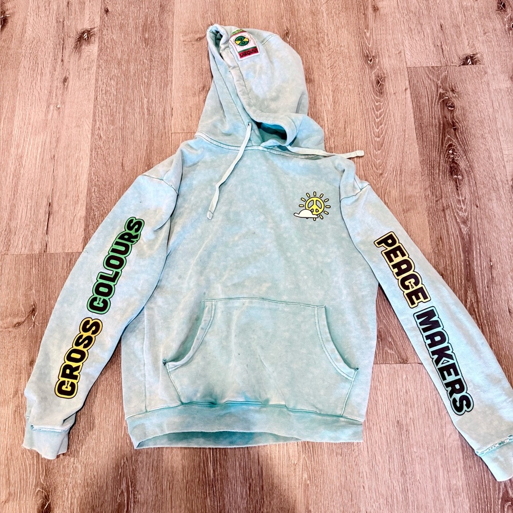 Cross Colours "The Peace Makers" Acid Wash Hoodie - Light Blue - Size Small